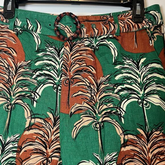 NWT Nicole Miller Linen Tropical Hawaiian Palm Beaded Belt Wide Leg Crop Pants M - Picture 2 of 7